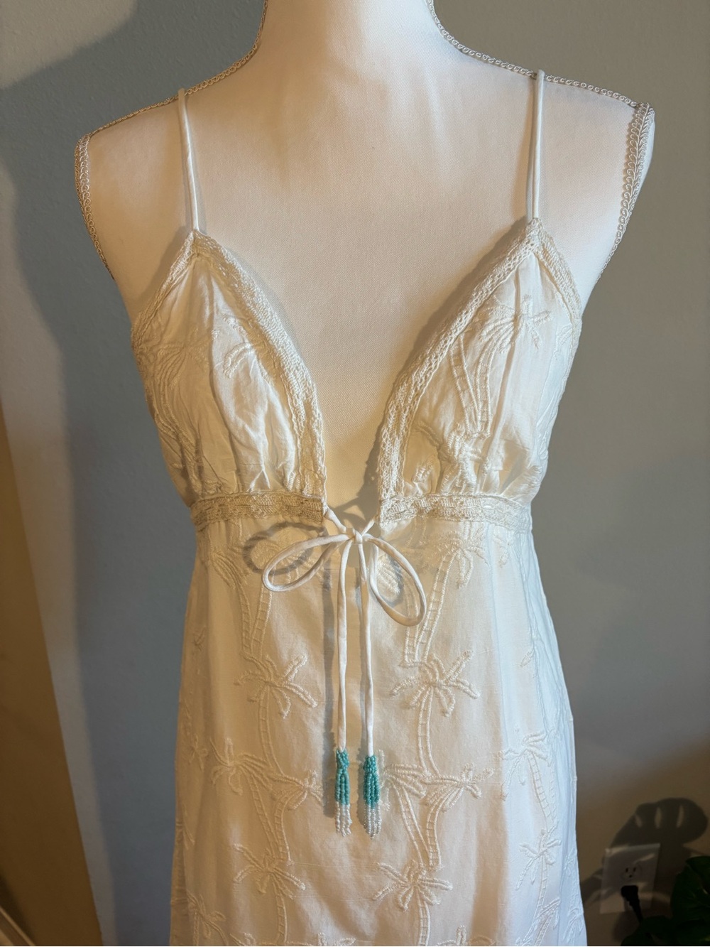 Surf Gypsy White Lace-Trim Maxi Dress with Beaded Tie & Palm Tree stitching.